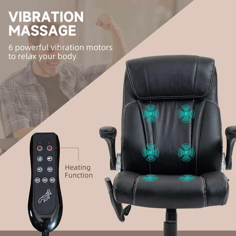 Vinsetto Executive Massage Office Chair with 6 Vibration Points, Heated Faux Leather Computer Desk Chair with Flip-up Armrest, Adjustable Height, Swivel Wheels, Black