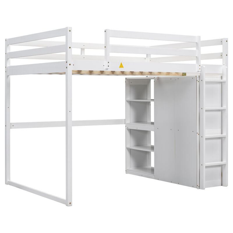 Merax Loft Bed with Wardrobe and Storage Shelves