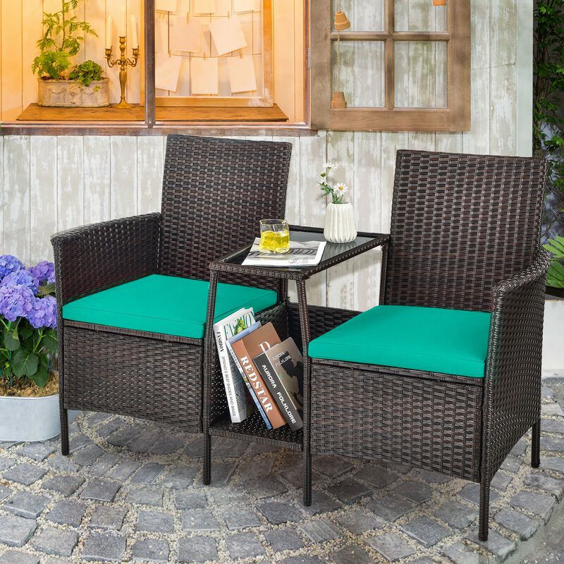 Patio Rattan Wicker Conversation Set Sofa Cushioned Loveseat Glass Table