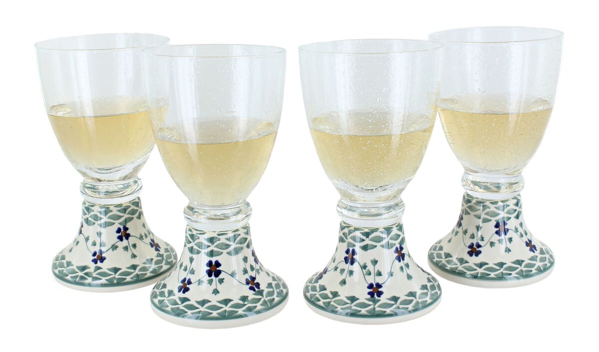 Blue Rose Polish Pottery Small Dots 4 Piece Wine Glass Set