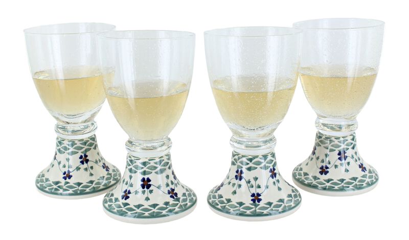 Blue Rose Polish Pottery Small Dots 4 Piece Wine Glass Set