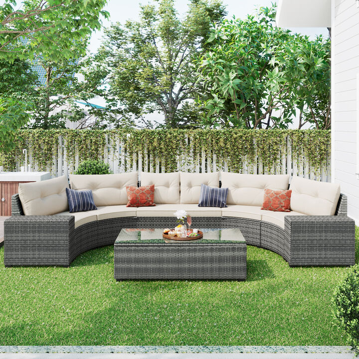 Merax 8-pieces Outdoor Wicker Round Sofa Set，Curved Sofa Set With Rectangular Coffee Table