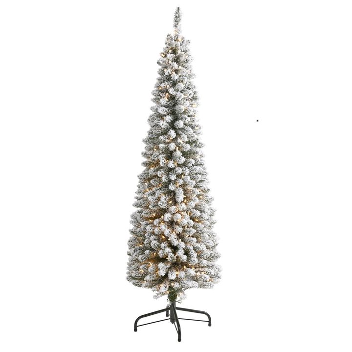 Nearly Natural 6-ft Flocked Pencil Artificial Christmas Tree with 300 Clear Lights and 438 Bendable Branches