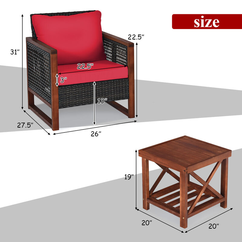 3 Pieces Patio Wicker Furniture Set with Washable Cushion and Acacia Wood Coffee Table