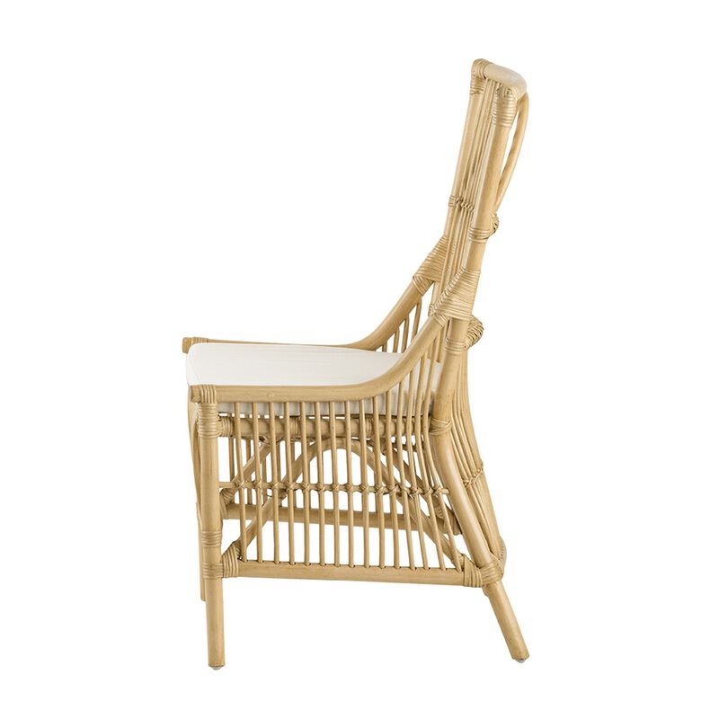 23 Inch Rattan Dining Side Chair, Soft Padded Seat, Natural Brown, White - Benzara