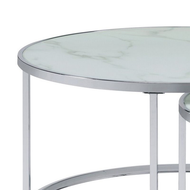 18 Inch Marbled Glass Nesting Accent Tables, Round Top, Metal, Set of 2 - Benzara