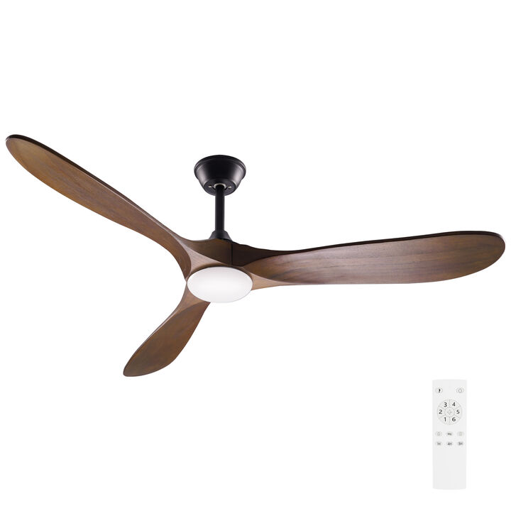 60 in. Integrated LED Indoor Brown Wood Ceiling Fan with Light Kit, 3 Wood Blades, Remote Control, 6-Speed Adjustable