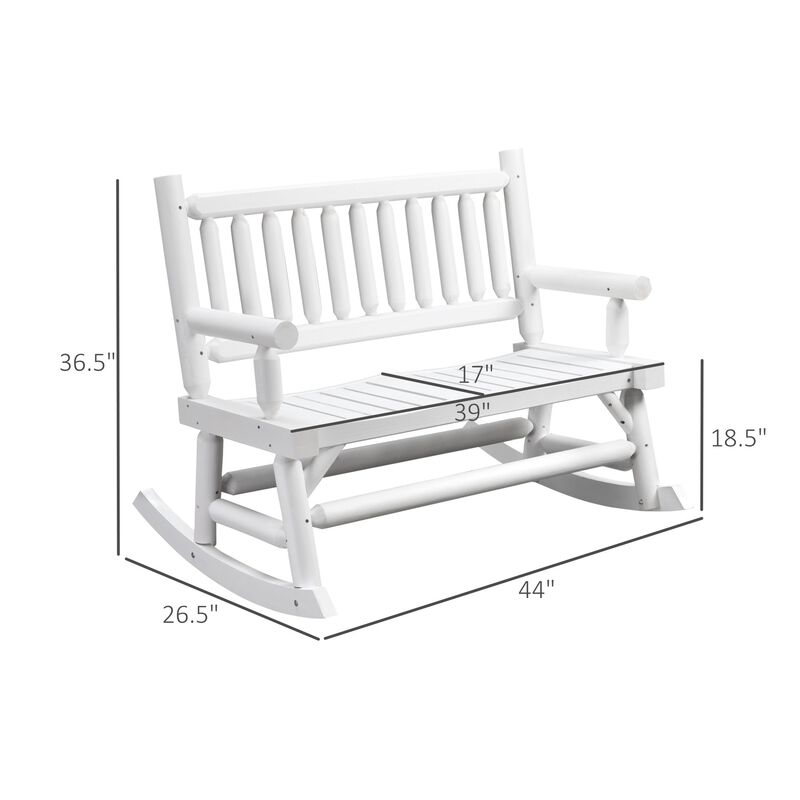 White 2-Person Wood Rocking Chair with Log Design: Heavy Duty Loveseat with Wide Curved Seats for Patio, Backyard, Garden