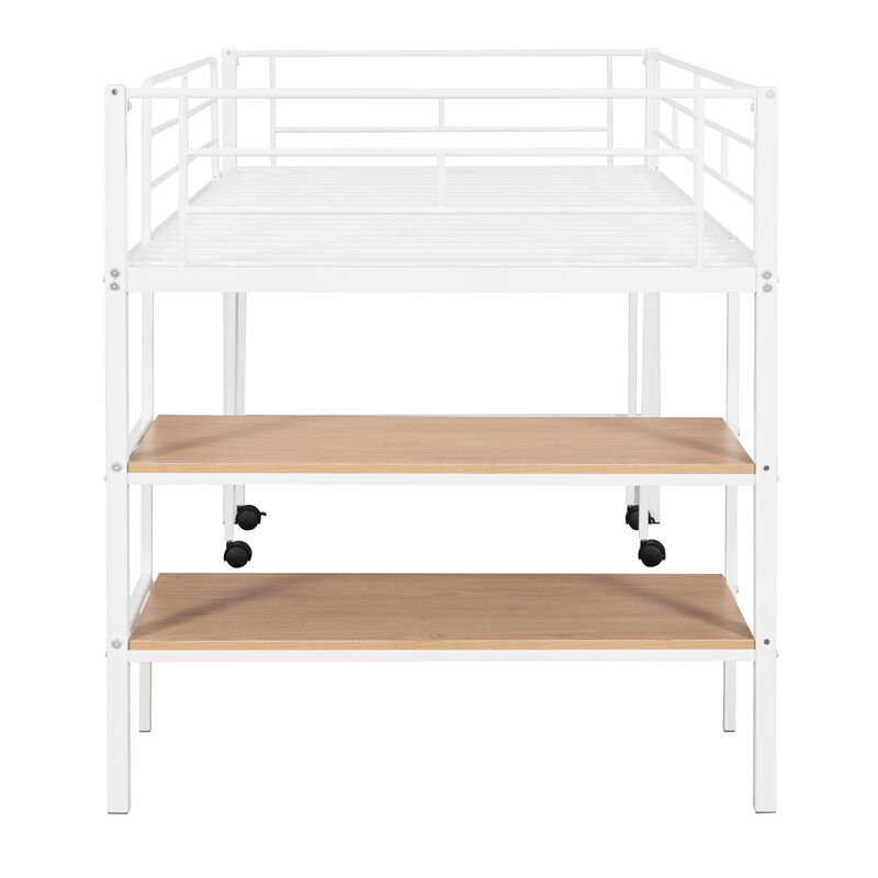 Twin Size Metal Loft Bed With Desk And Shelves