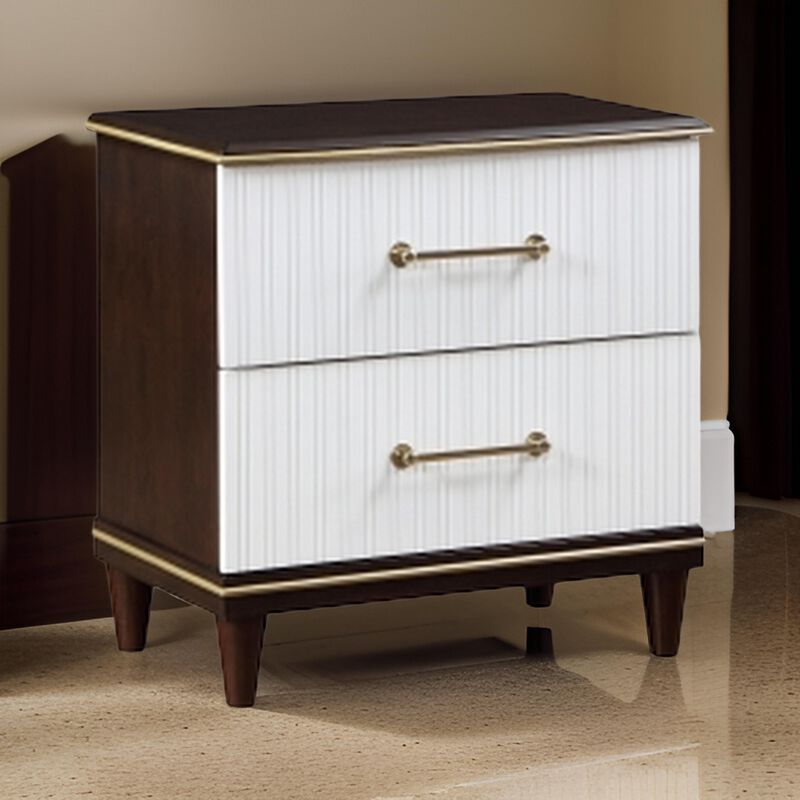 Shim 29 Inch Nightstand with 2 Drawers, Gold, White, and Cherry Brown Wood - Benzara
