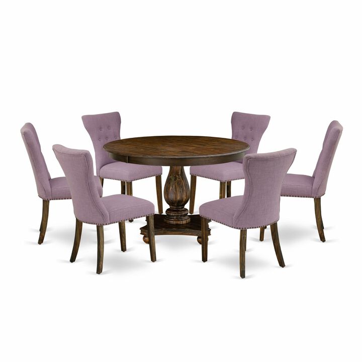 East West Furniture F2GA7-740 7Pc Dining Set - Round Table and 6 Parson Chairs - Distressed Jacobean Color
