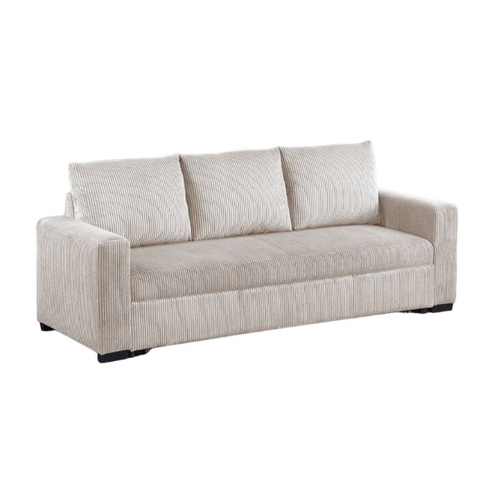 Billy Convertible Sofa Bed, Low Profile Leg, Ivory Corduroy 85 Inch - Benzara