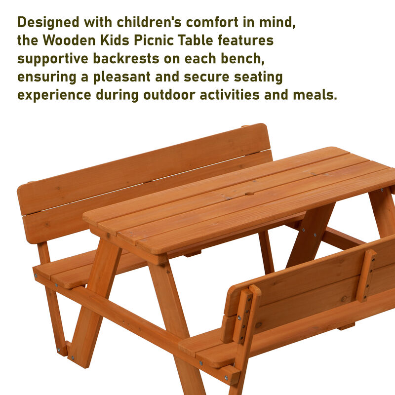 Wooden Kids Picnic Table Bench with Backrest, Outdoor Children's Backyard Table, Crafting, Dining, and Playtime Patio Table