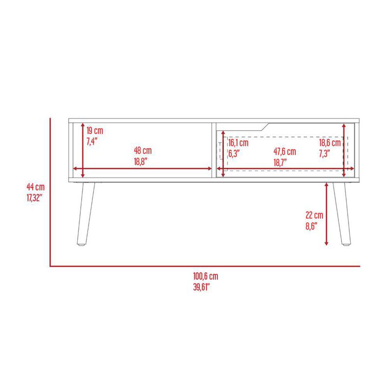 DEPOT E-SHOP Kobe Coffee Table, Countertop, One Open Shelf, One Drawer, Four Legs- Dark Walnut, For Living Room