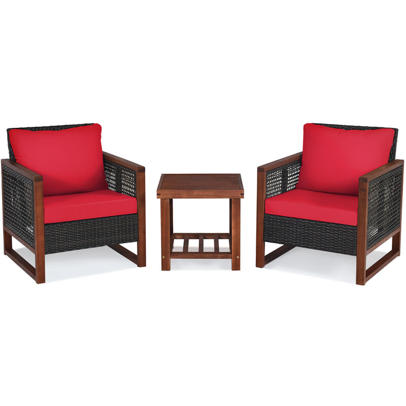 3 Pieces Patio Wicker Furniture Set with Washable Cushion and Acacia Wood Coffee Table