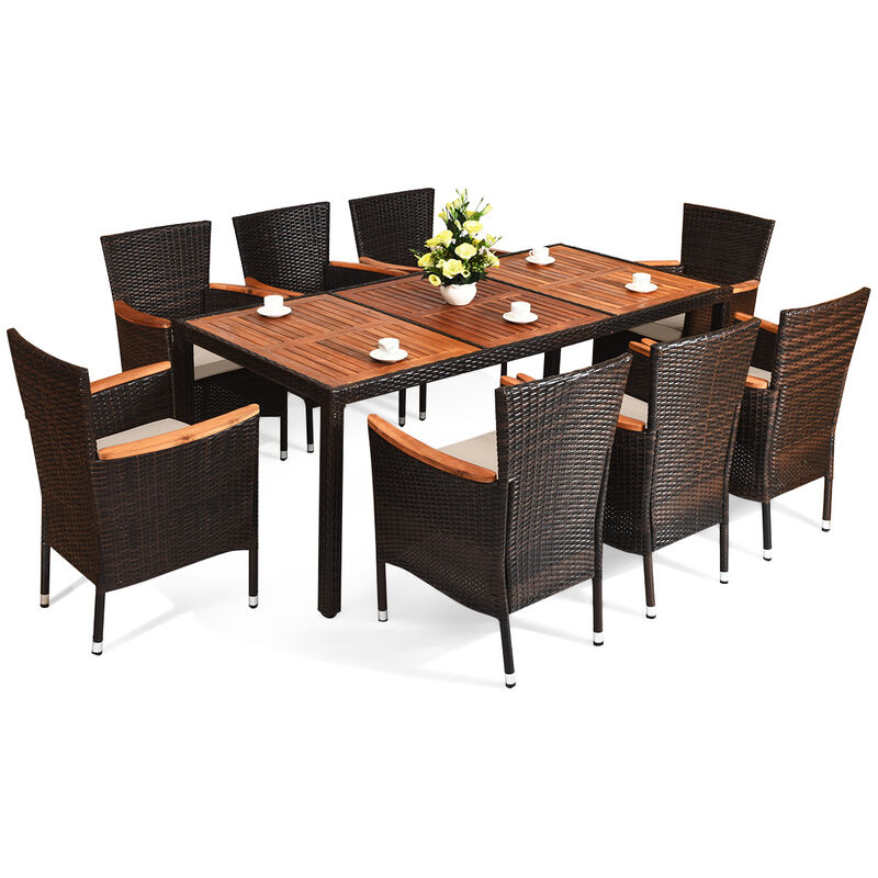 9 Pieces Rattan Dining Set with Acacia Wood Table and Stackable Cushioned Chairs