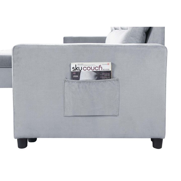 Lilola Home Ruby Light Gray Velvet Reversible Sleeper Sectional Sofa with Storage Chaise and Side Pocket