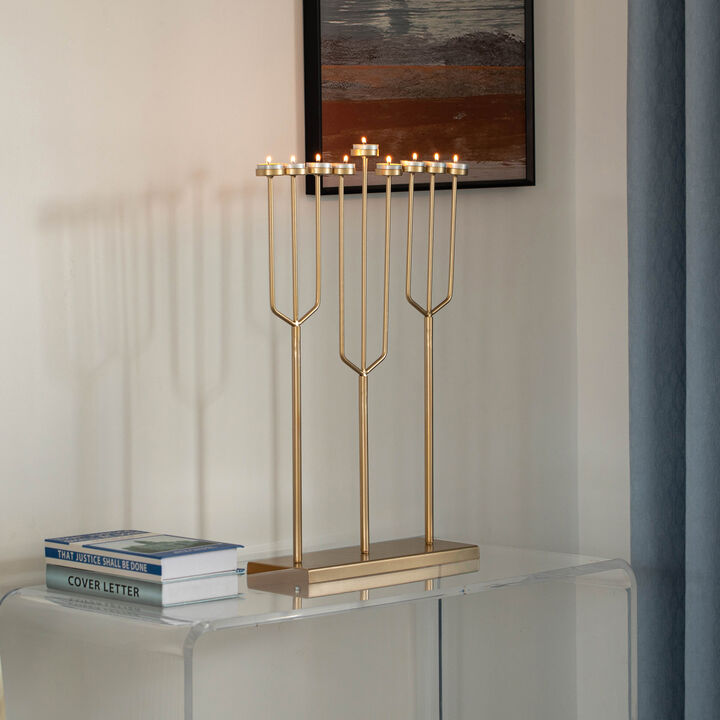 Modern Design Small Hanukkah Menorah Exceptional presentational piece, 9 Branch Tea Light Candle Holders, Gold