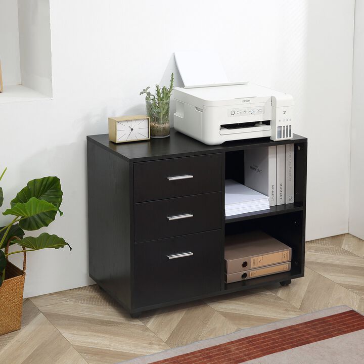 Black 3 Drawer Printer Stand, Mobile Lateral File Cabinet with 2 Storage Shelves for Home Office