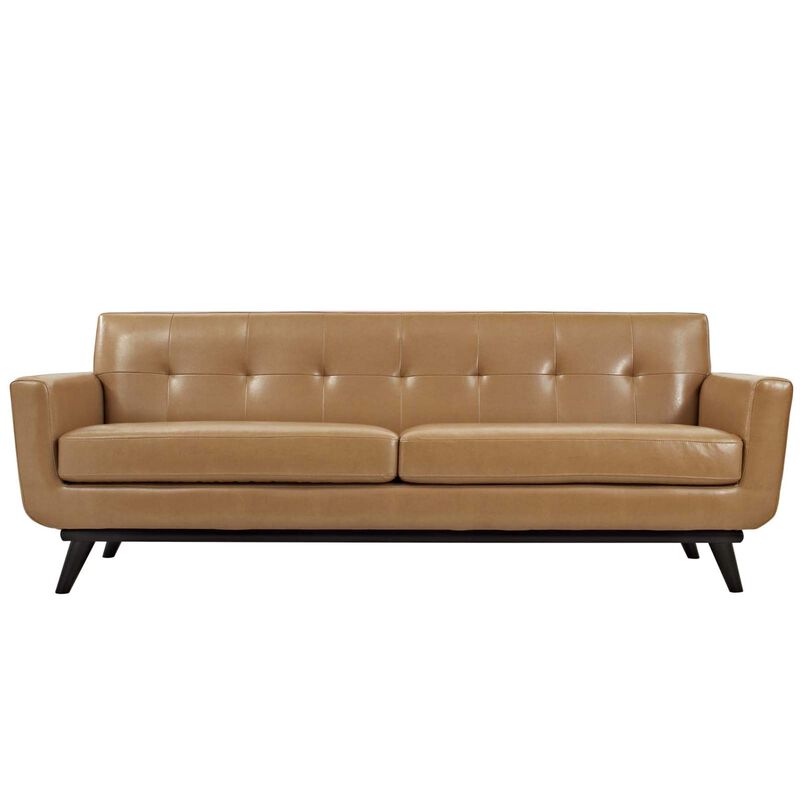 Engage Leather Sofa - Ultimate Lounging Experience with Curves, Dual Cushions, and Cherry Wood Legs. Perfect for Relaxation, Coffee Time, and Lively Conversations. Includes 7 Eye-Catching Buttons.