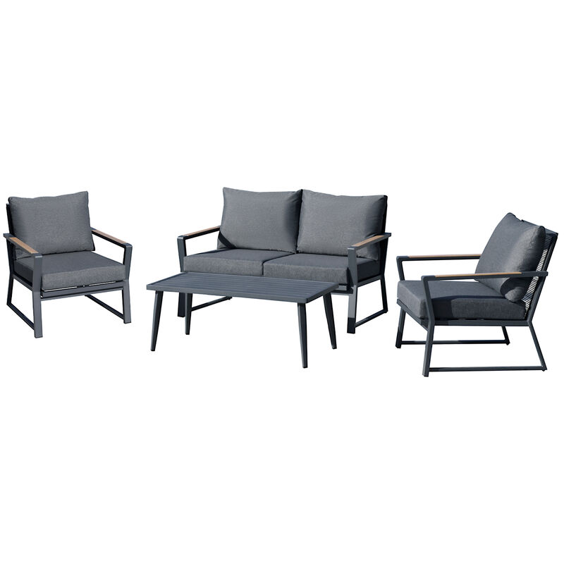 4 PC Aluminum Garden Sofa Set Widened Seat, Coffee Table & Cushions, Dark Grey