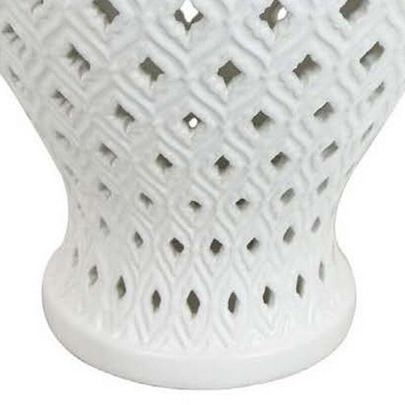 Deni 18 Inch Temple Jar, Pierced, Carved Lattice Design, Lid, White - Benzara