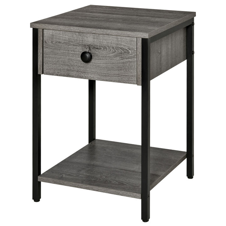 HOMCOM Industrial End Table with Storage Shelf, Accent Side Table with Drawer for Living Room, or Bedroom, Grey
