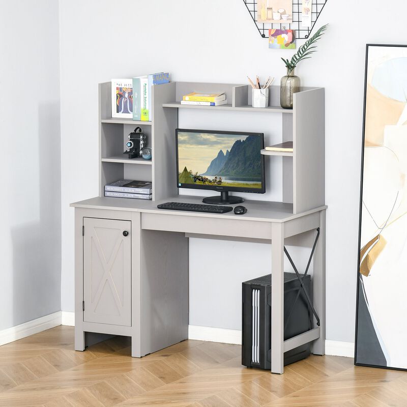 Farmhouse Computer Desk with Door Knob, Foot Pads and X-Frame, Home office Desk with Shelves, Desktop and Cabinet, Study Table, Light Grey