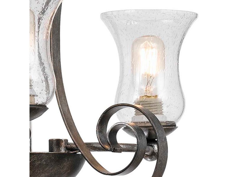 3 Bulb Chandelier with Scrolled Metal Frame and Glass Shades,Gray and Clear-Benzara