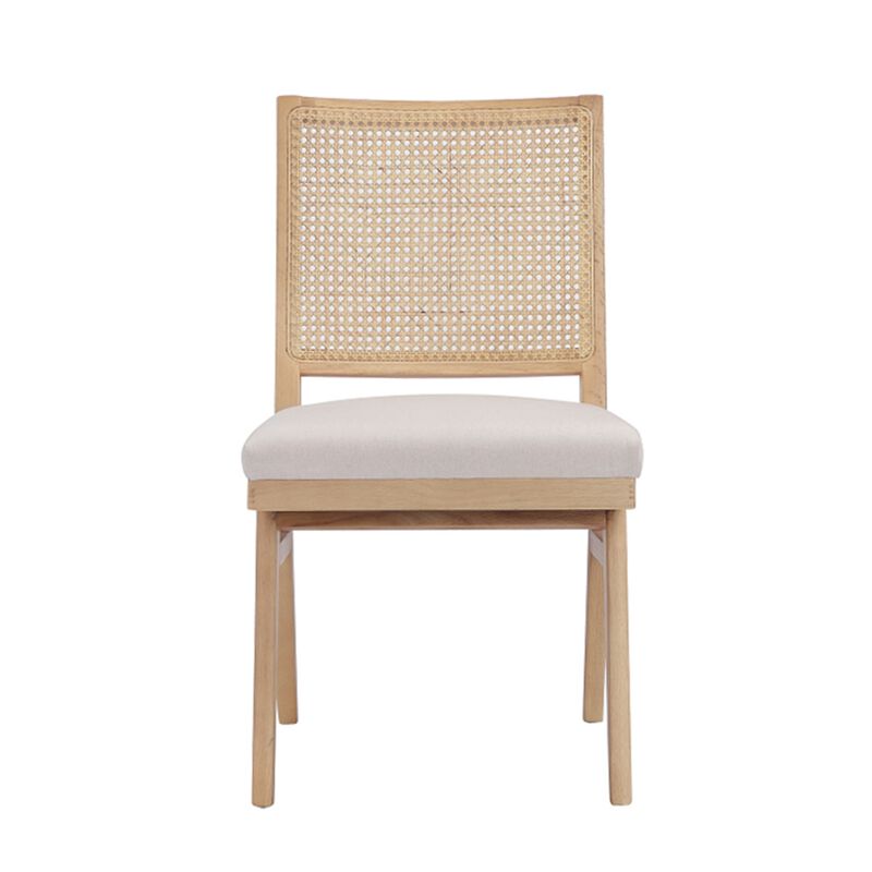 Isha Cane Side Dining Chair Set of 2, Cushioned Seat, White and Brown - Benzara