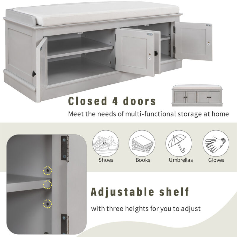 Storage Bench With 4 Doors And Adjustable Shelves, Shoe Bench With Removable Cushion