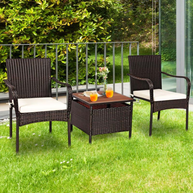 Hivvago 3 Pieces Patio Rattan Furniture Bistro Set with Wood Side Table and Stackable Chair