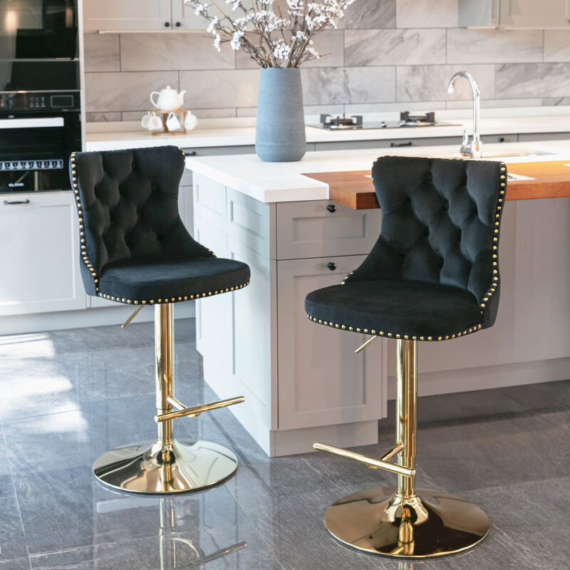 Golden Swivel Velvet Bar Stools Adjustable Seat Height from 25-33 Inch, Modern Upholstered Bar Stools with Backs Comfortable Tufted for Home Pub and Kitchen Island (Black, Set of 2)