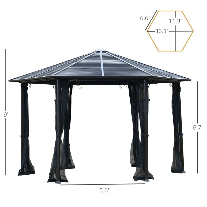 Black Outdoor Pavilion: 13'x13' Steel Hexagonal Gazebo with Netting