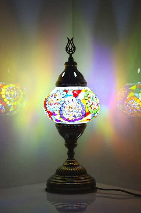14.5 in. Handmade Multicolor Mosaic Glass Table Lamp with Brass Color Metal Base