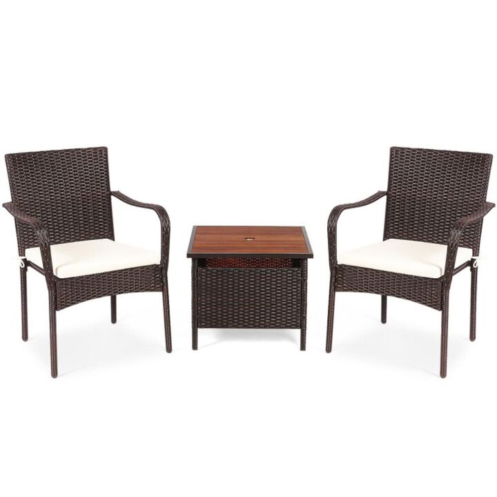 Hivvago 3 Pieces Patio Rattan Furniture Bistro Set with Wood Side Table and Stackable Chair