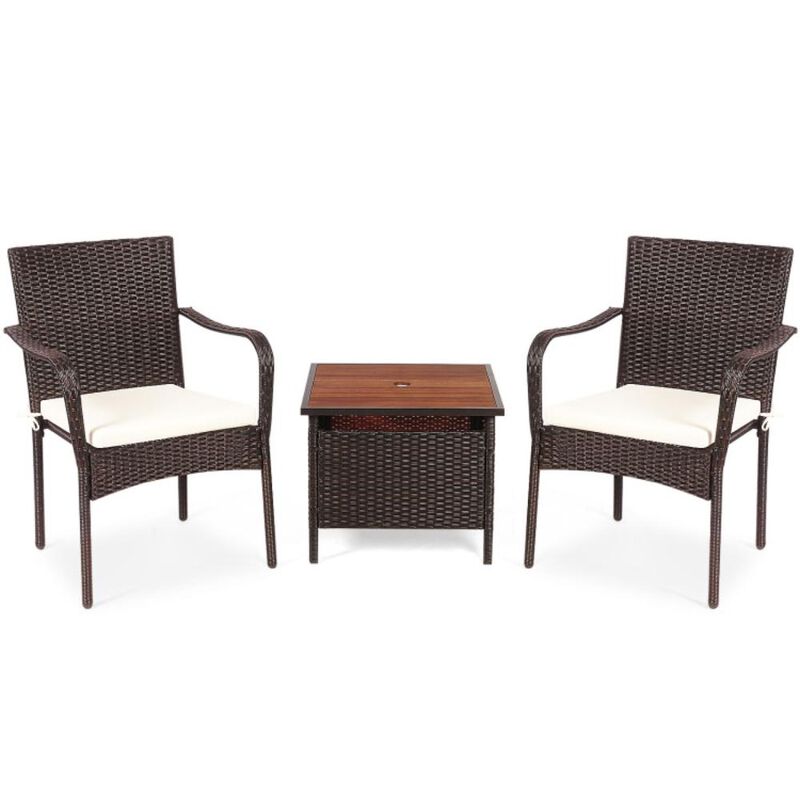 Hivvago 3 Pieces Patio Rattan Furniture Bistro Set with Wood Side Table and Stackable Chair