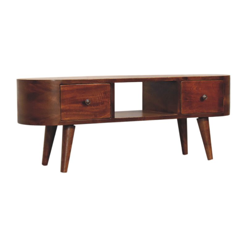 Chestnut Rounded Solid Wood 2 Drawer  Coffee Table with Open Slot