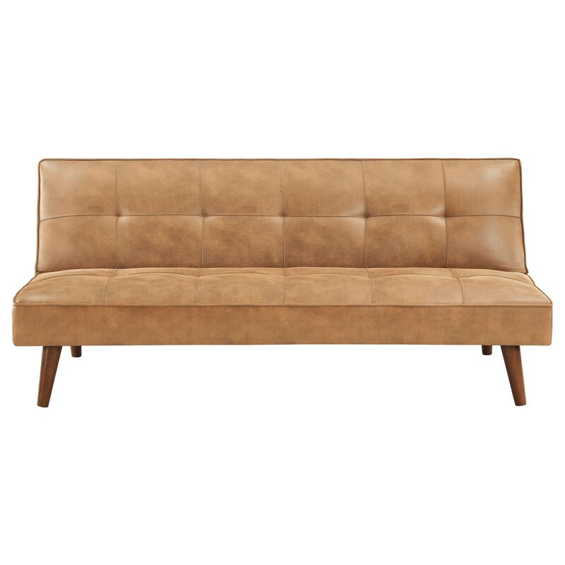 Sena Futon Convertible Sofa Bed Sleeper Couch, Light Brown Faux Leather - Benzara