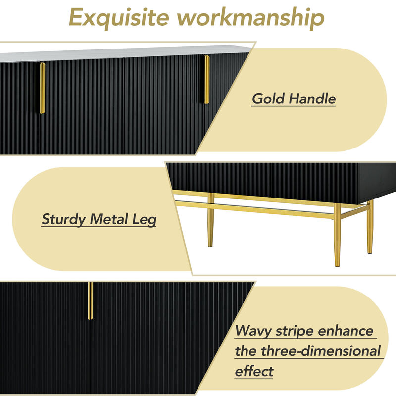 Modern Elegant 4-door Sideboard Gold Metal Handle Buffet Cabinet for Dining Room, Living Room, Bedroom, Hallway (Black)