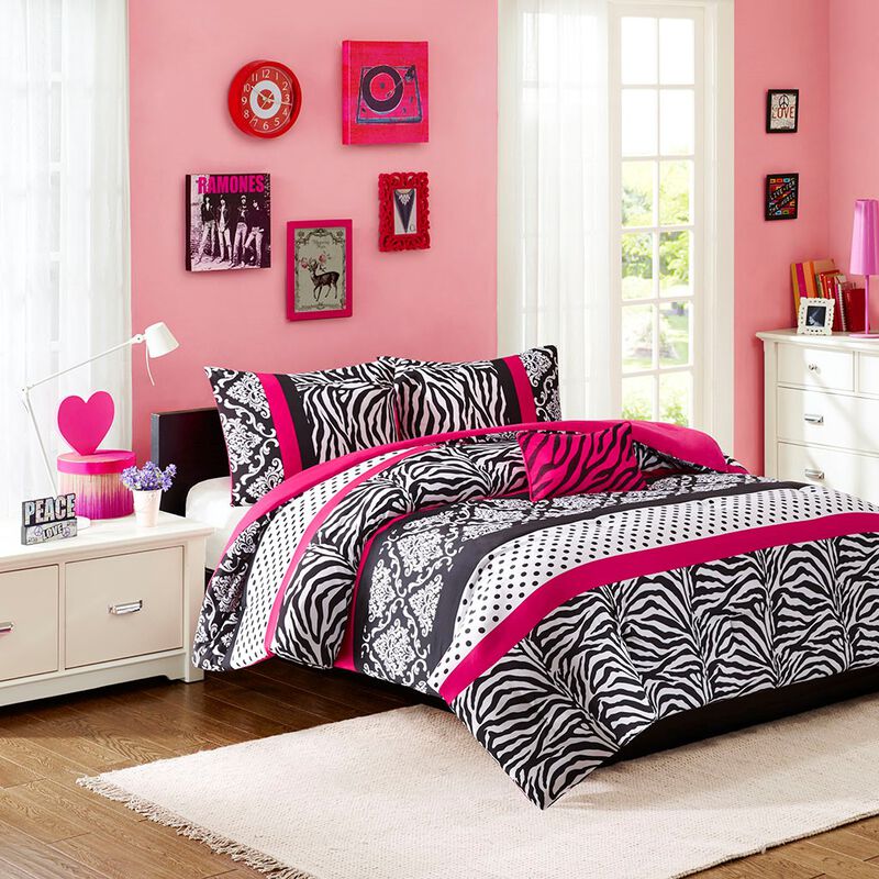 Gracie Mills Morse 4-Piece Striped Damask and Zebra Printed Comforter Set - Twin XL