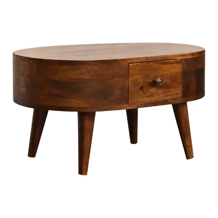 Mini Chestnut Rounded Solid Wood 1 Drawer  Coffee Table