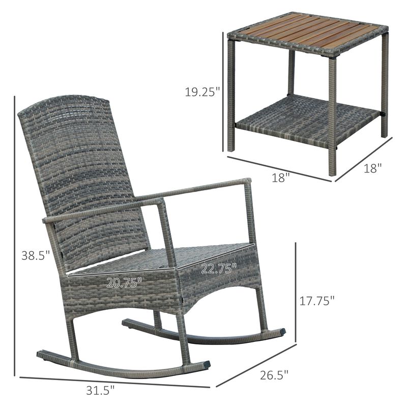 Blue 3 Pieces Outdoor PE Rattan Rocking Chair Set, Patio Wicker Recliner Rocker Chair with Soft Cushion & Coffee Table, for Porch
