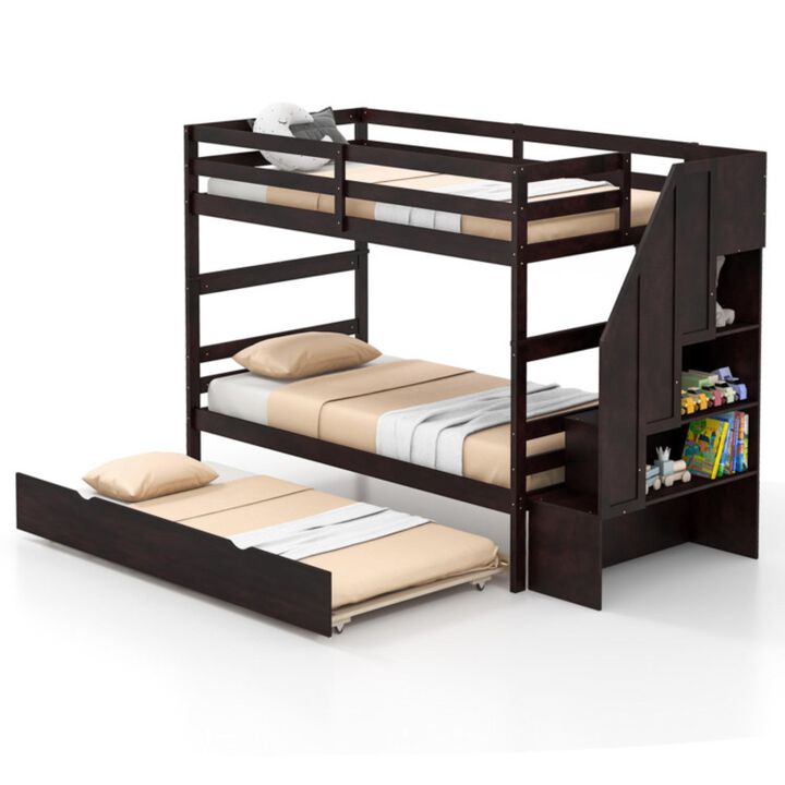 Hivvago Home Wood Bunk Bed with Guard Rail and 4-step Storage Stairs No Box Spring Needed
