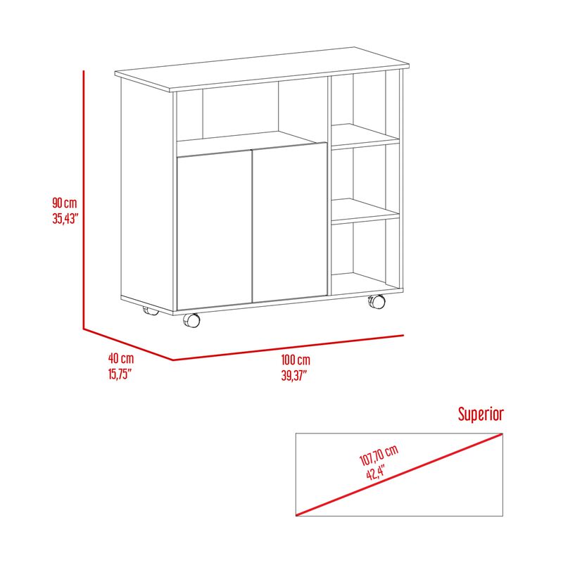 Paprika Kitchen & Dining room Cart, Four Casters , Four Open Shelves, Double Door Cabinet -Light Oak / White