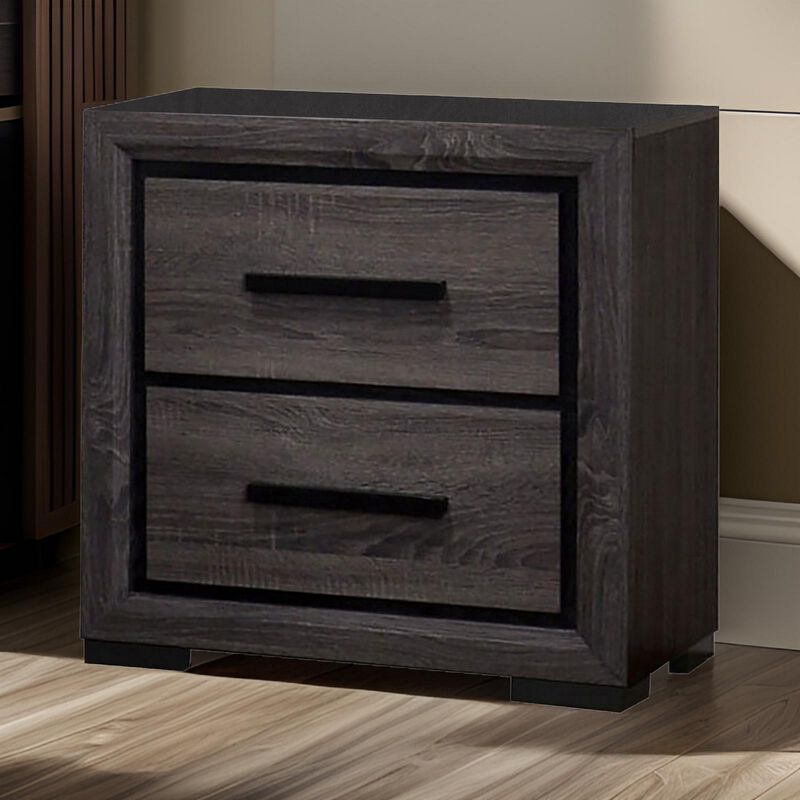 Wooden Nightstand with 2 Drawers and Finger Pull Handle,Gray and Black-Benzara