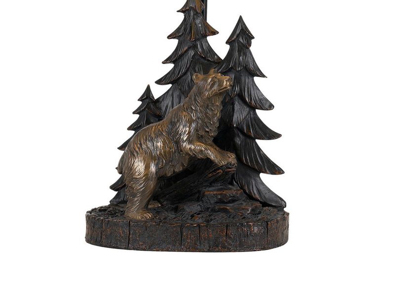 3 Way Resin Body Table Lamp with Forest and Bear Design, Brown and Black-Benzara