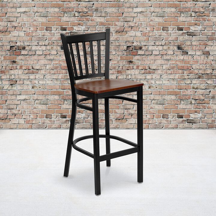 Flash Furniture HERCULES Series Black Vertical Back Metal Restaurant Barstool - Cherry Wood Seat