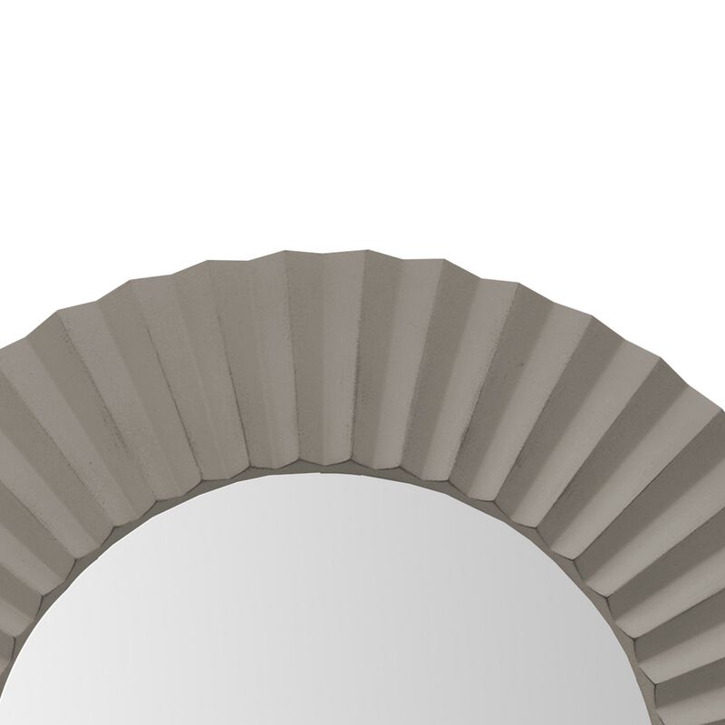 32 Inch Round Beveled Floating Wall Mirror with Corrugated Design Wooden Frame, Gray-Benzara