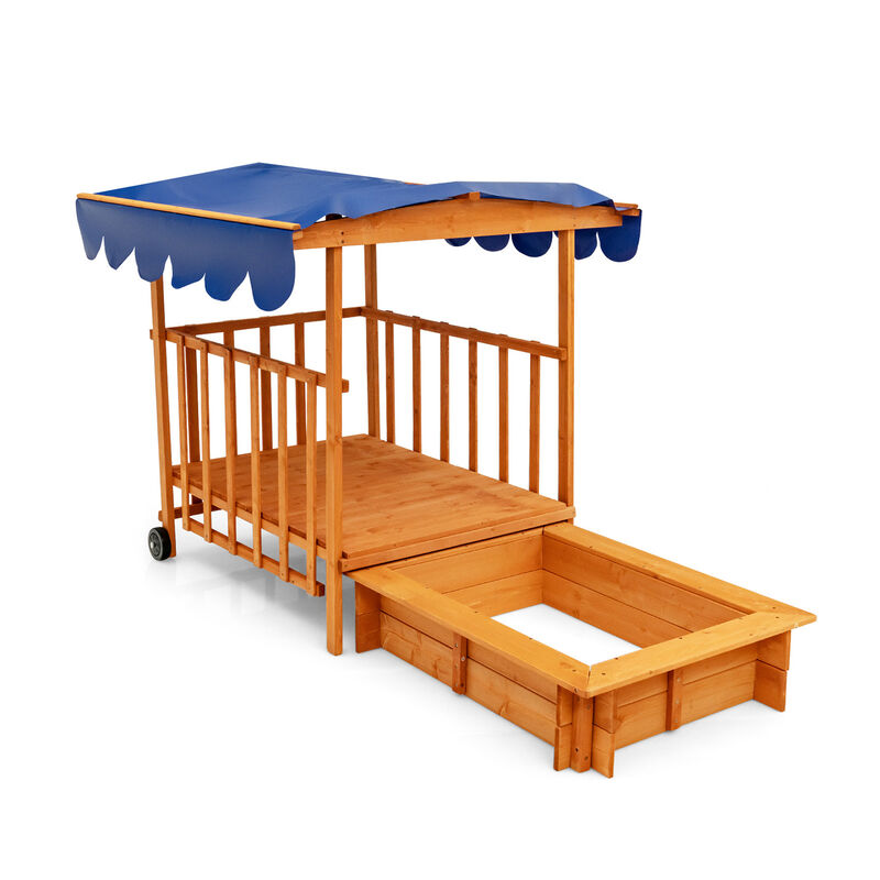 Kids Outdoor Wooden Retractable Sandbox with Cover and Built-in Wheels-Natural